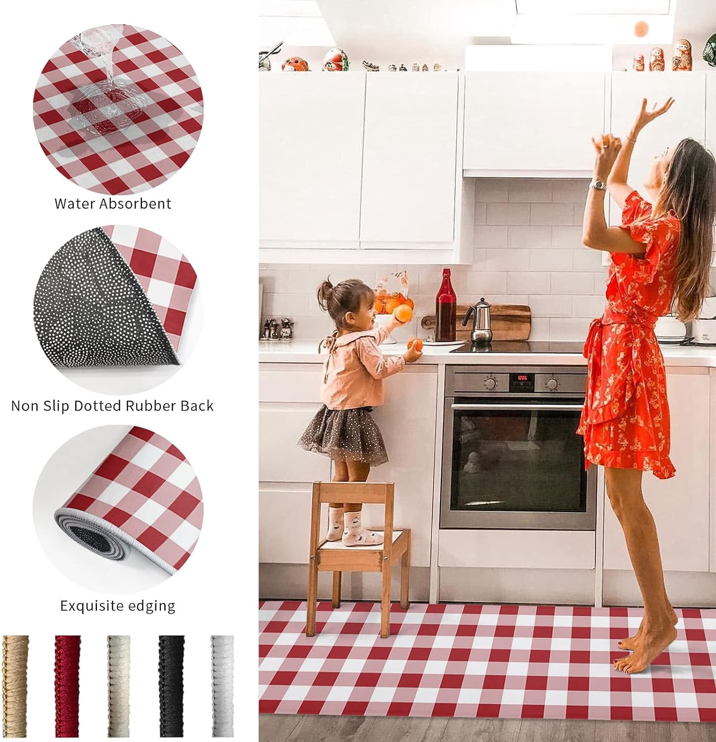 Kitchen Rugs and Mats 2 Pieces Red Buffalo Plaid Runner Rug Sets White Check Soft Comfort Standing Kitchen Mats for Floor Absorbent Area Rugs Carpet Non Slip Farmhouse Cushioned Doormat Home Decor