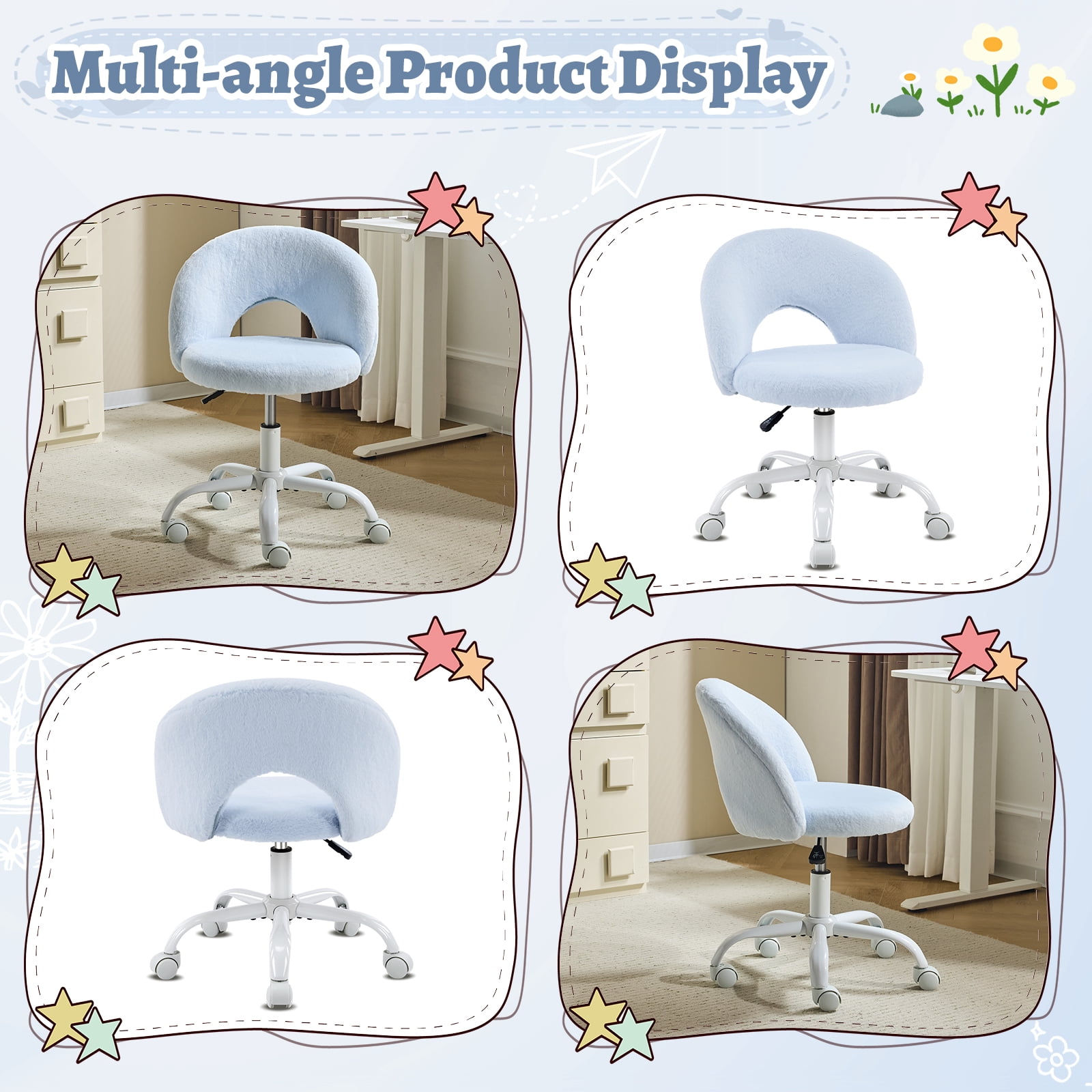 Ktaxon Vanity Makeup Chair Comfy Cute Accent Chair Small Swivel Task Office Chair with Wheels Faux Rabbit Hair Blue