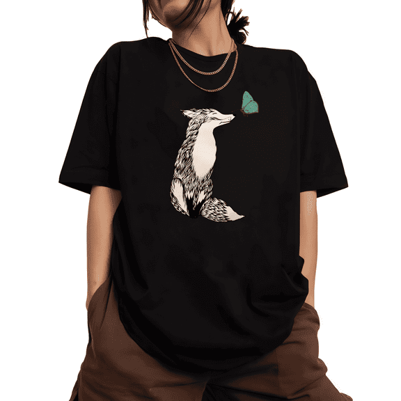 Women's Fresh Fox Butterfly Printed Crew Neck Cotton T Shirt Black S-5XL