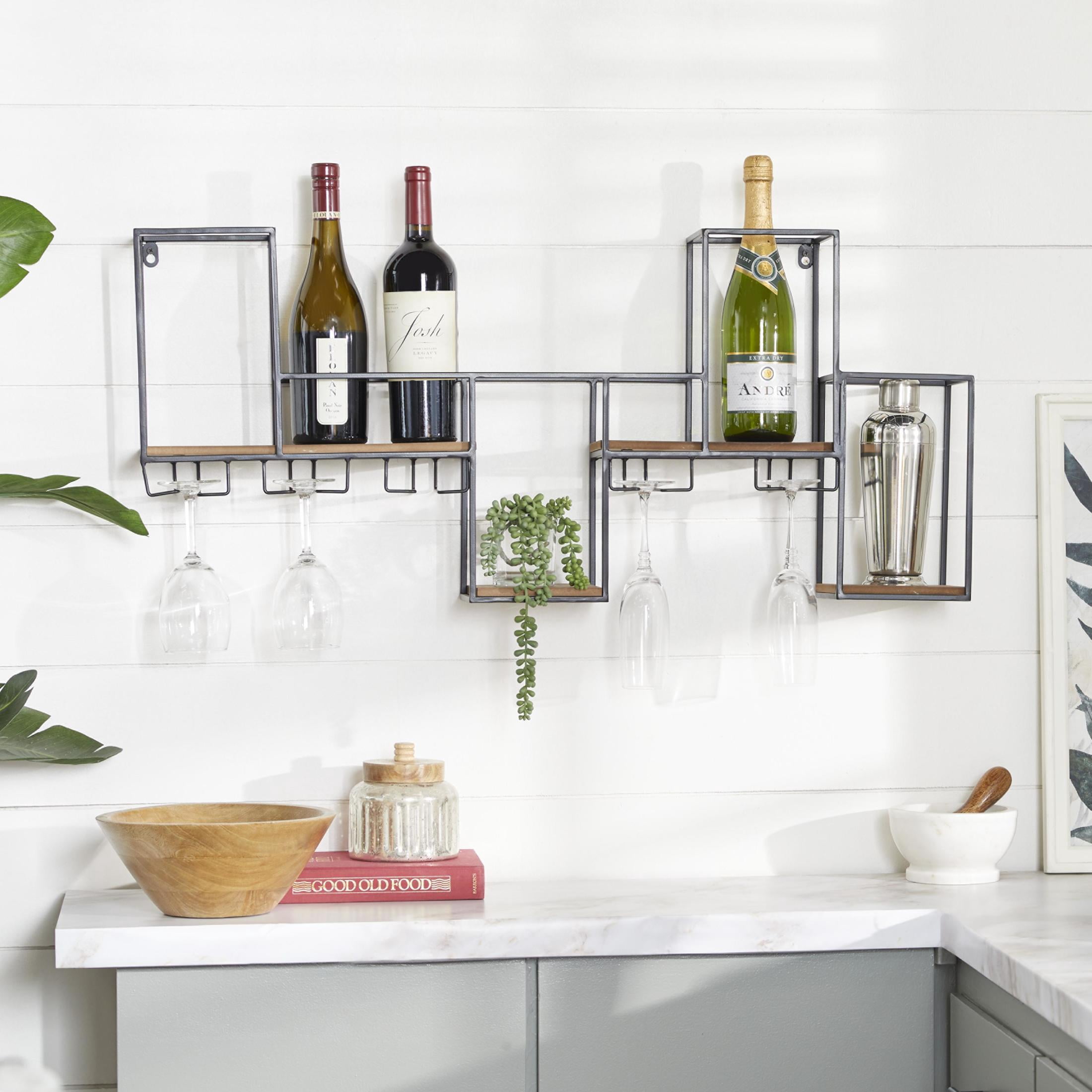 DecMode 36" x 16" Black Metal Geometric 7 Bottle Wall Wine Rack with 5 Glass Holder Slots, 1-Piece
