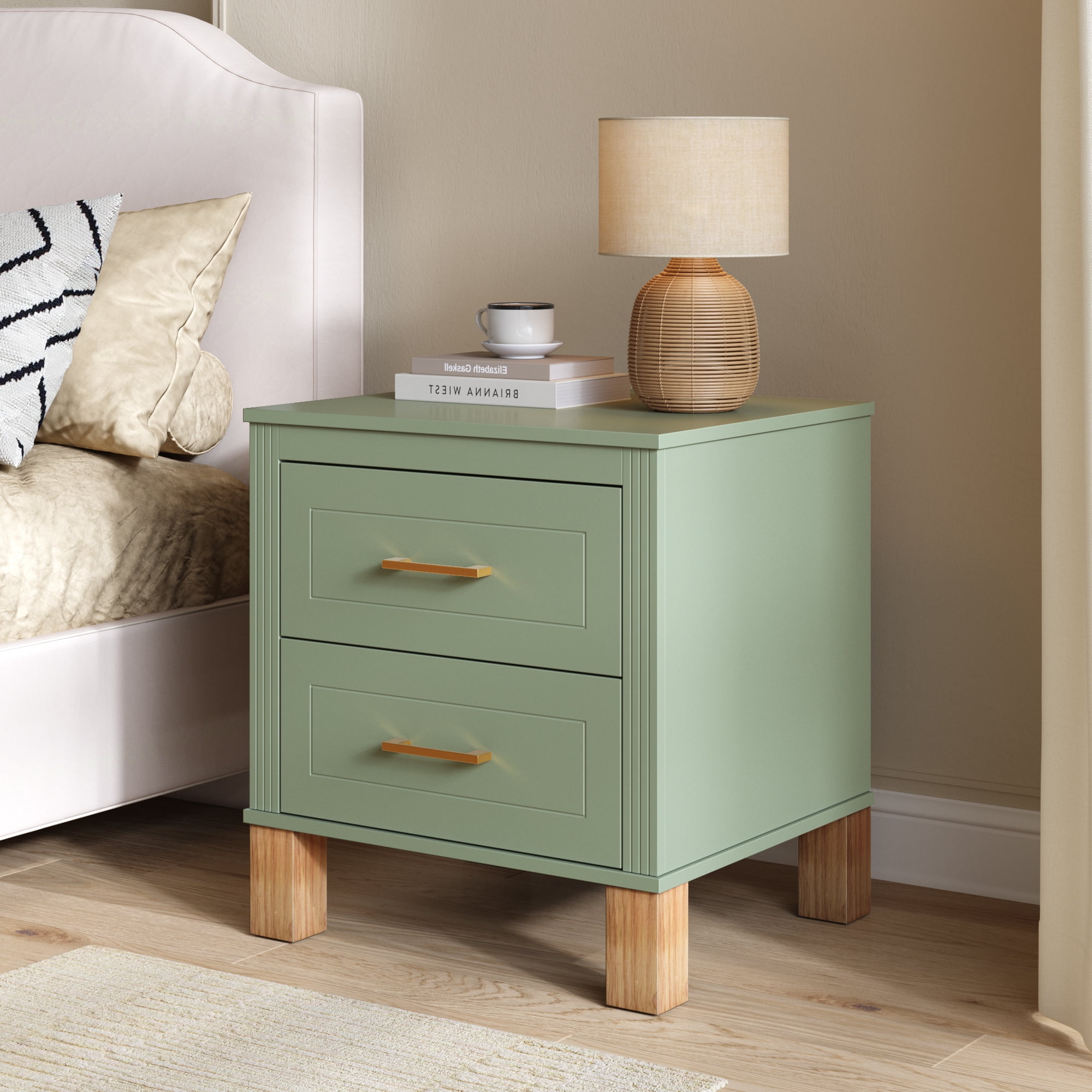 2 Drawer Nightstand, Premium Wood Storage with Elegant Fluted Design, Solid Wood Legs Nightstand with Metal Handle, Tall Bedside Table for Bedroom Living Room, Sage Green