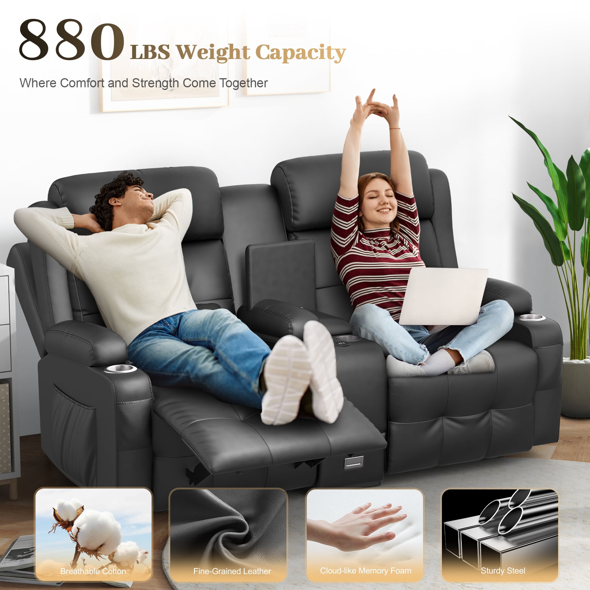 LOBERFVE Loveseat, 2 Seater Manual Recliner with Cup Holders, USB and Type-C Port, Faux Leather Recliner Chair with Massage Function for Living Room Furniture, Black