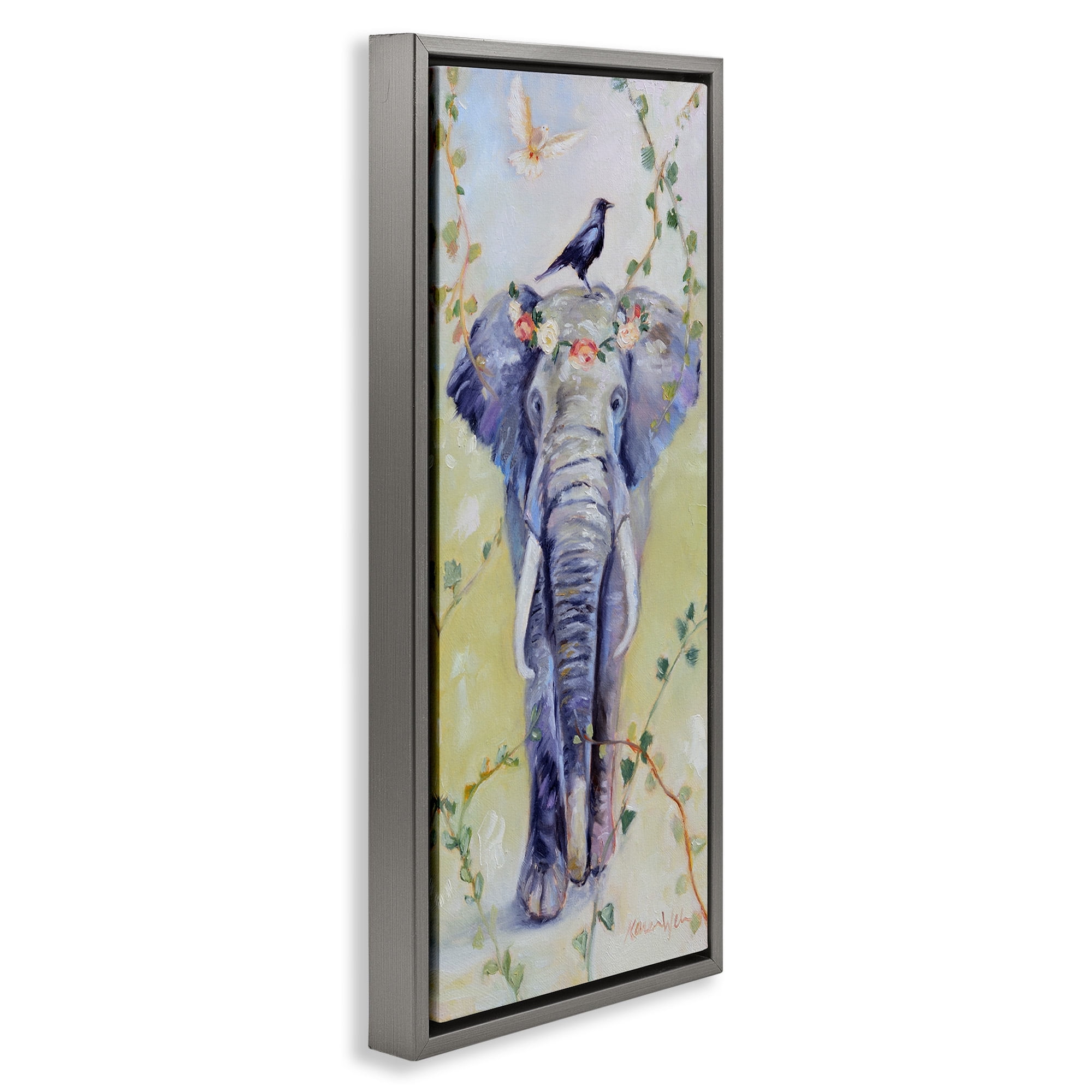 Stupell Industries Bohemian Elephant with Green Vines Animals & Insects Painting Gray Floater Framed Canvas Art Print Wall Art, 11 x 25