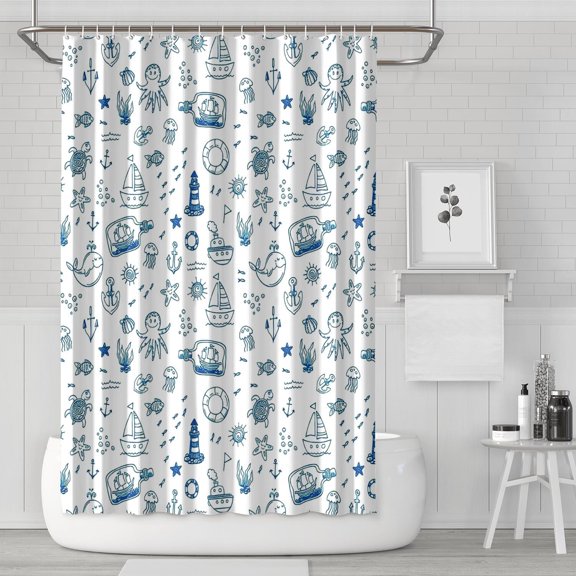 Anchor and Sailboat Bathroom Shower Curtain 72x72 Inch Waterproof Polyester Fabric with Hooks, Classic Nautical Theme for Coastal and Beach Bathrooms