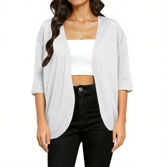 hotojiny Women 3/4 Sleeves Cardigan Soft Lightweight Open Front Cardigan Fashion Curved Hem Comfy Fall Tops Outwear S-2Xl