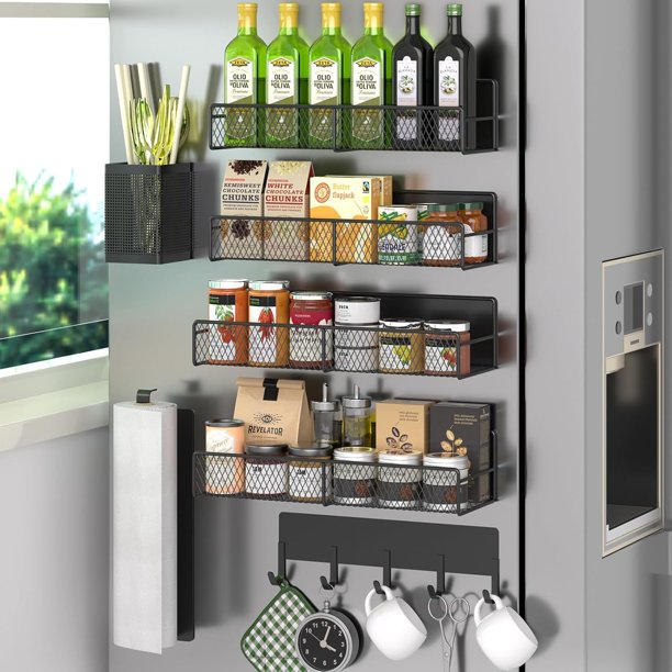 para especias para refrigerador, paquete de 7 estantes magnéticos 100% metal, organizador de especias de cocina con estante de gancho, soporte para toallas de papel, organizador de