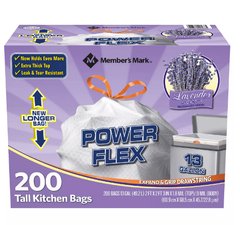 Member's Mark Power Flex Tall Kitchen Drawstring Trash Bags 13 Gallon 200 Count 