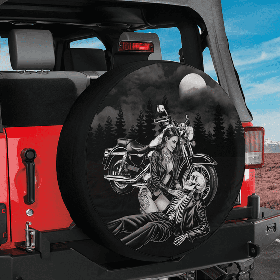 Lotusprinthandmade Skull Couple Riding Bicycle Spare Tire Cover Without Backup Camera Hole 6 Sizes (27 in.), Skull Skeleton Tire Cover