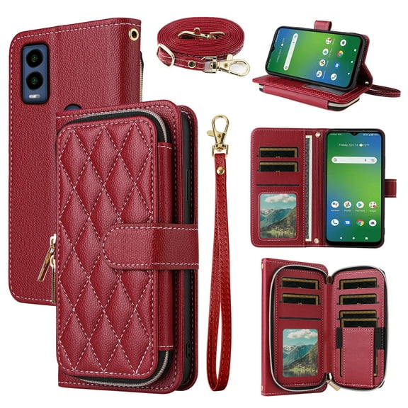 Dswteny Argyle Wallet Case for Cricket Innovate E 5G 2022 with Wrist Strap Shoulder Strap, Zipper Purse Luxury Flip Credit Card Holder Stand Accessories Cell Phone Cover for EC211004 Women Girls Red