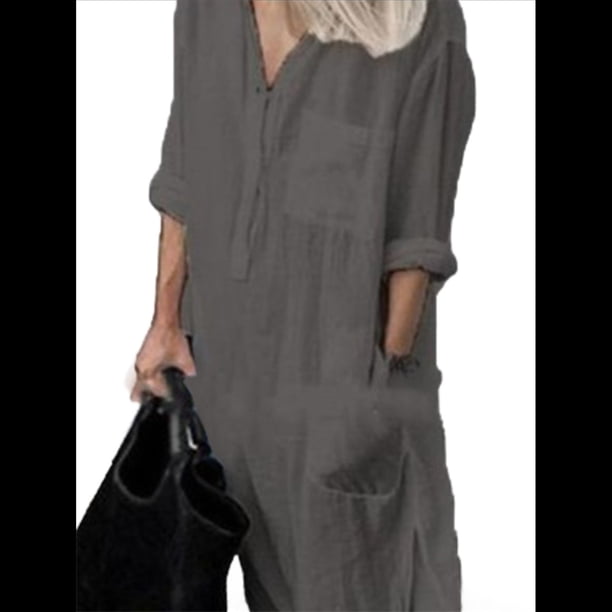 Vestido Camisero Informal Holgado de y Algodón para Mujer, con Solapas, Botones, Mangas con Puños y Abertura Lateral con Bolsillos Gris S