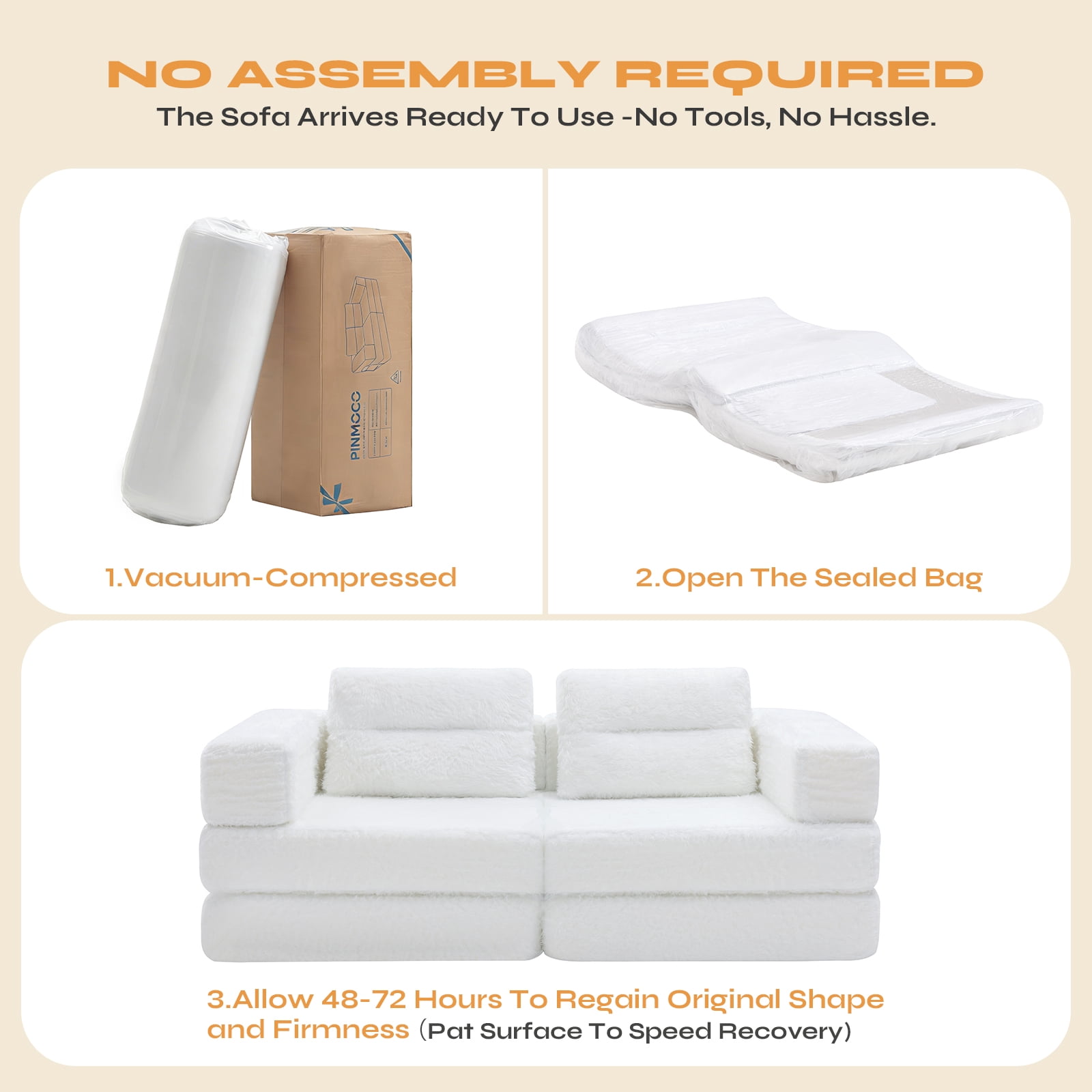 Pinmoco 81.5" Convertible Sofa Bed, Modular Sectional Sleeper Sofa for Living Room, Foldable Couch Bed with Pillows and Storage, No Assembly Required, Faux Fur Fabric White