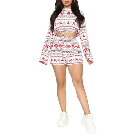 

SpringTTC Women s Christmas Print 2-Piece Loungewear Pajamas Set Casual Tops Shorts Sleepwear