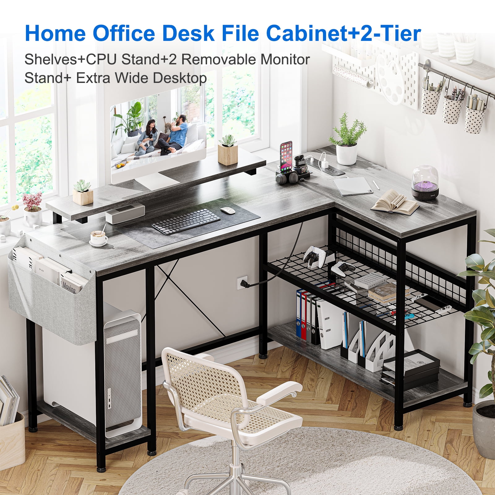 L Shaped Desk, Computer Gaming Desk with Power Outlet & Led Light, Reversible Corner Desk with Monitor Stand & Storage Shelves, Storage Bag for Home Office