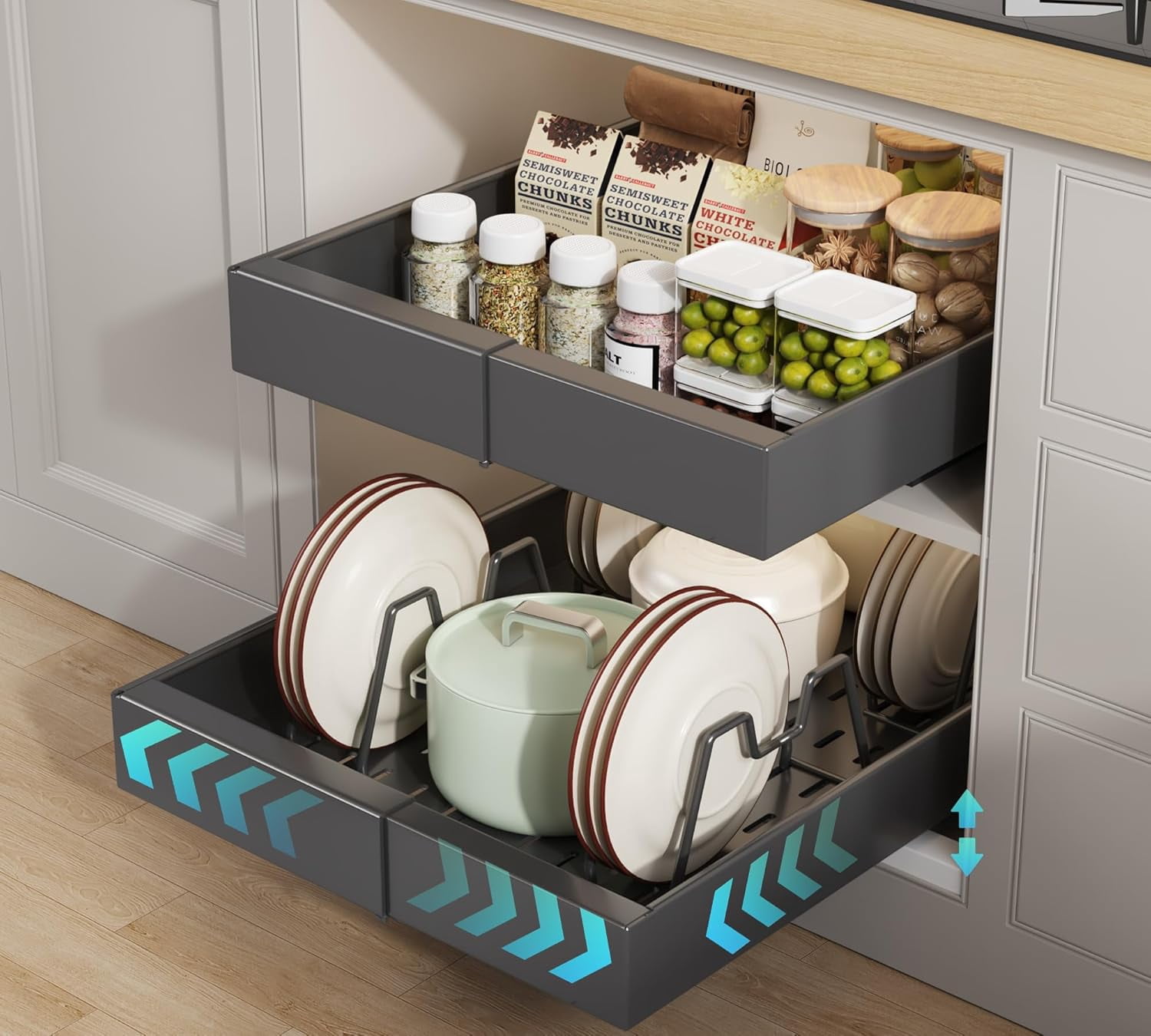 2 Pack Pull out Cabinet Organizer 21"Deep With Raising Pad for Framed Cabinets, Expandable Slide out Drawers for Kitchen Cabinets with 4pcs Divider Racks, Roll out Shelves 12.1"-20.4" W White