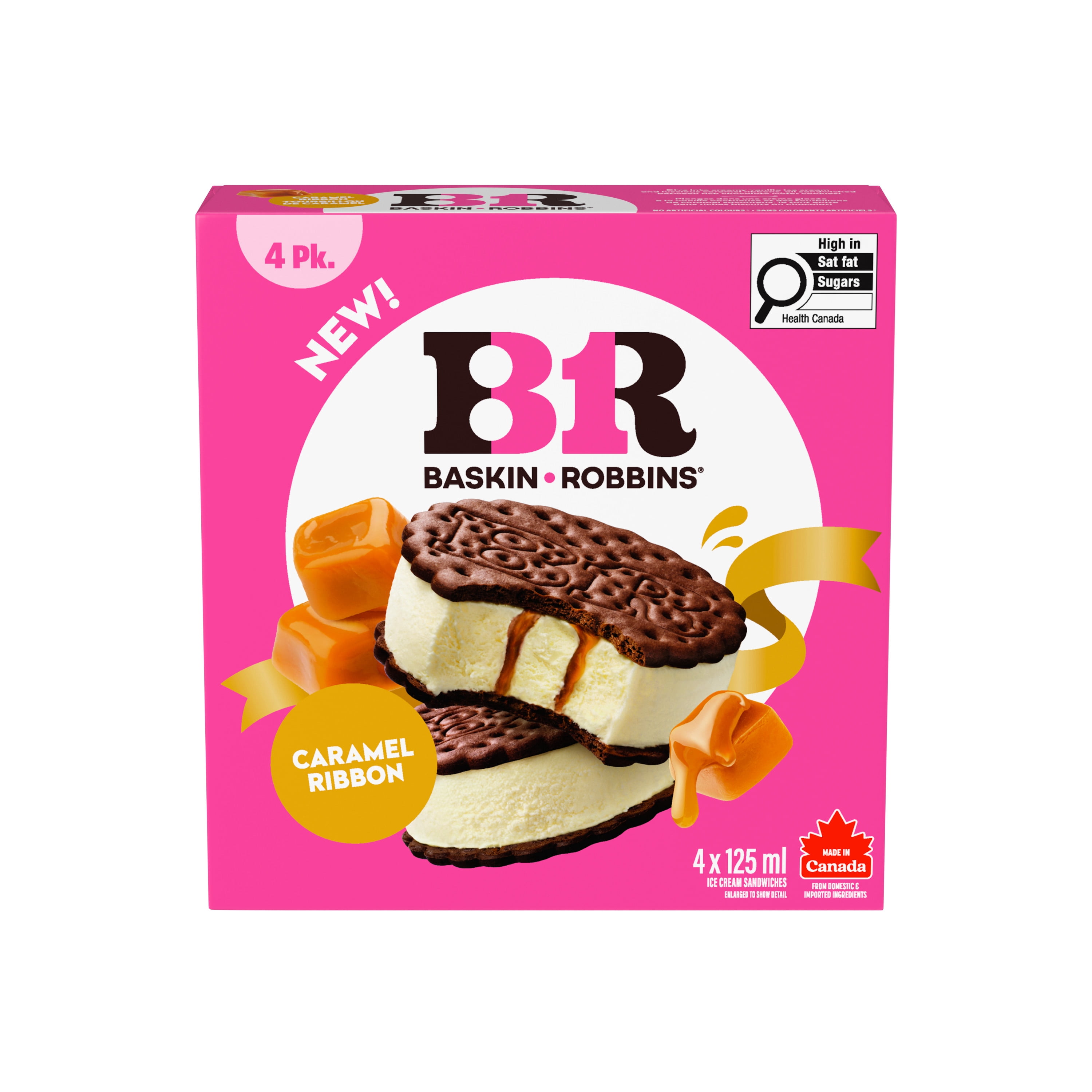 BASKIN ROBBINS Caramel Ribbon Ice Cream Sandwiches, Prepared in Canada with Canadian Dairy, Kosher, 4 x 125 ml