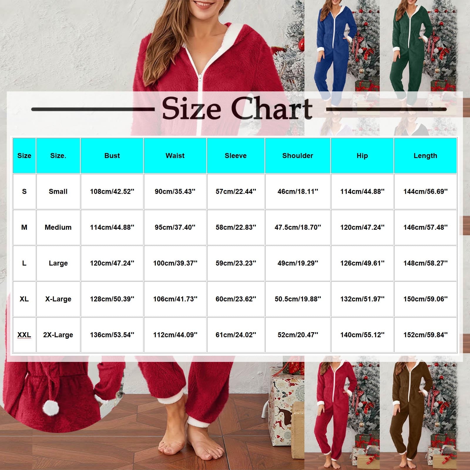 yoeyez Christmas Onesie Womens Slim Santa Hooded Pajamas Outfit Adult One-piece Pajamas Fleece Front Zipper Rompers