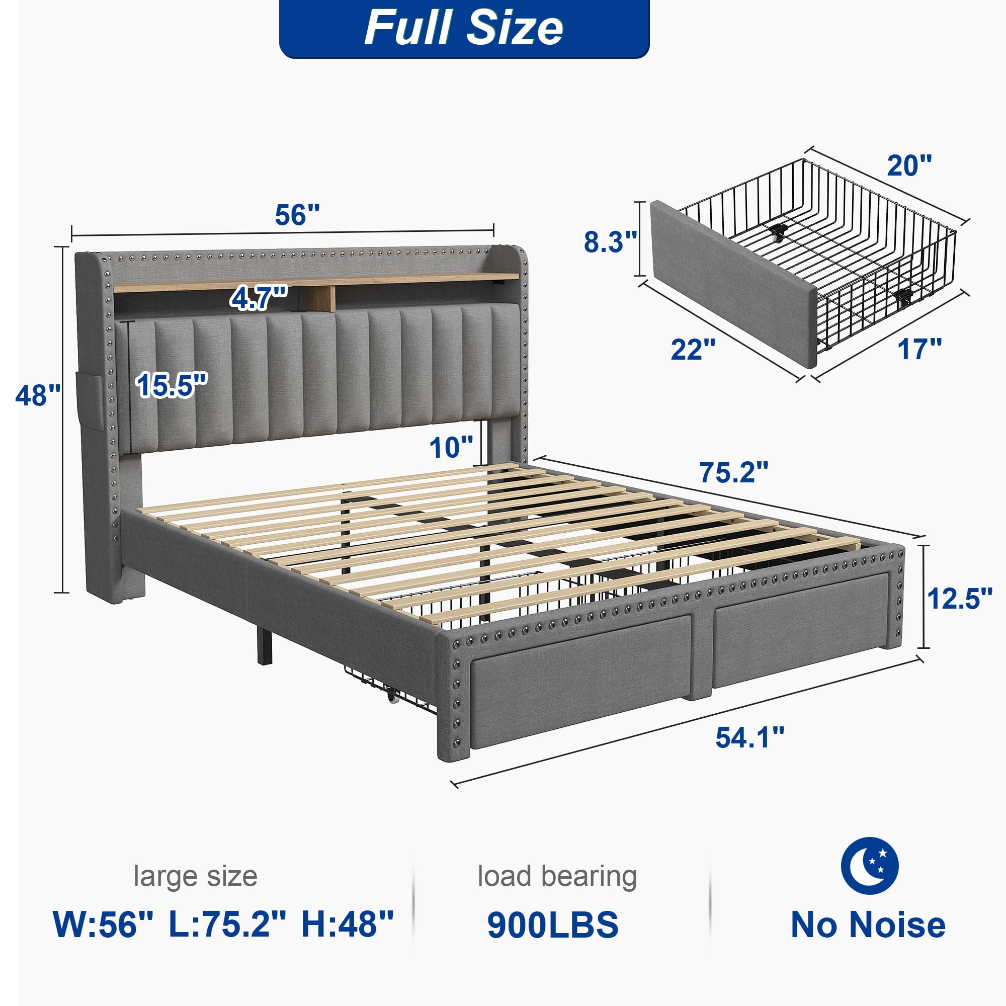 EnHomee Full Modern Metal Wood Platform Bed with Storage Drawers, Gray