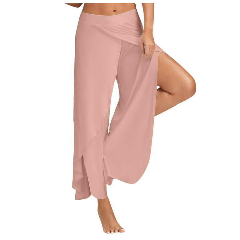 Mlqidk Women's Yoga Pants Plus Size Side Slit Ruffle Long Loose Wide Leg  Flowy Trouser,Pink L