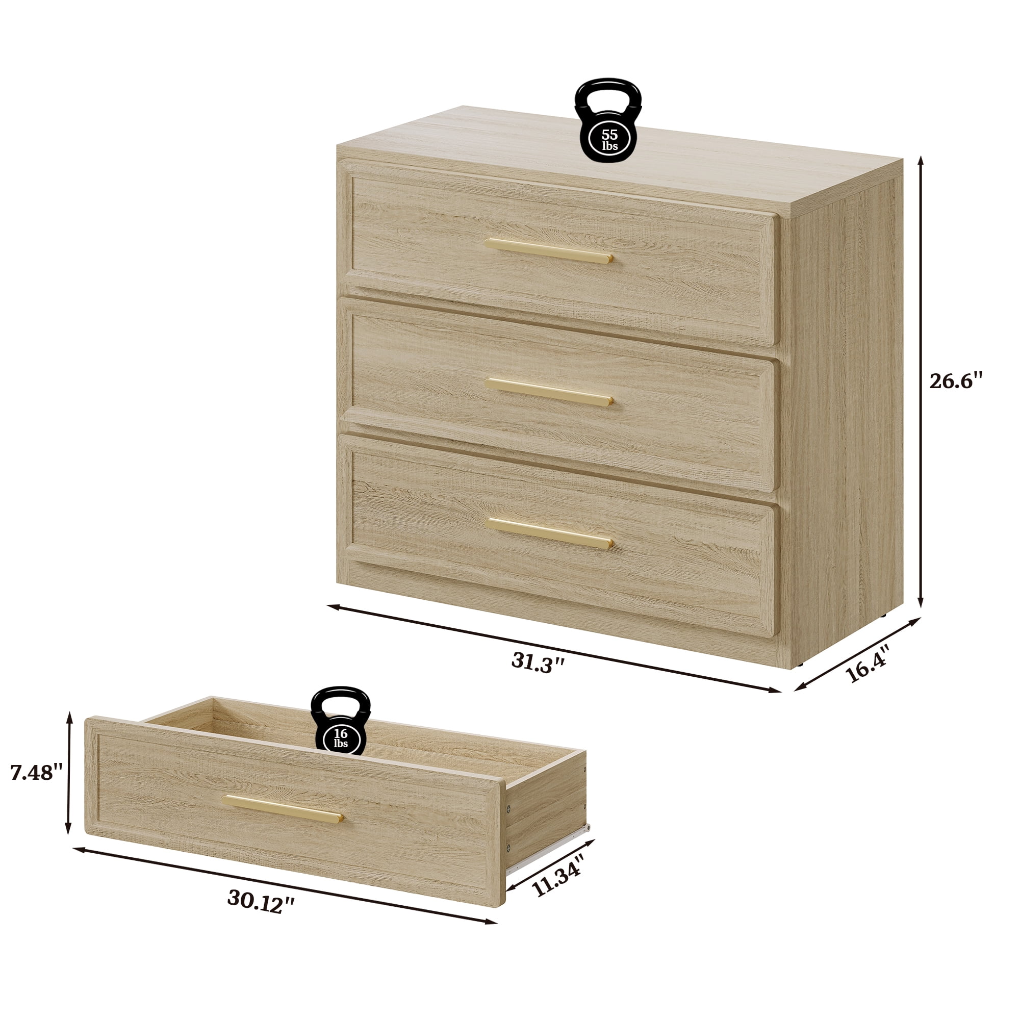 SICOTAS 31.3" W 3-Drawer Nightstand Set of 2 with Oversized Large Storage , Modern Night Stands Bedside Table with Adjustable Feet & Gold Handles for Bedroom Living Room Entryway, Light Oak