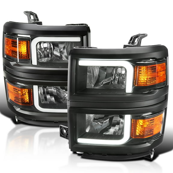 Spec-D Tuning Black Headlights w/ LED Light Bar and Black Trim Compatible with 2014-2015 Chevy Silverado 1500, Left Right Pair Headlamp Assembly