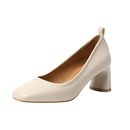 

Youmylove Women Fashion Solid Color Leather Square Head Thick High Heeled Casual Shoes Cozy Comfy Footwear