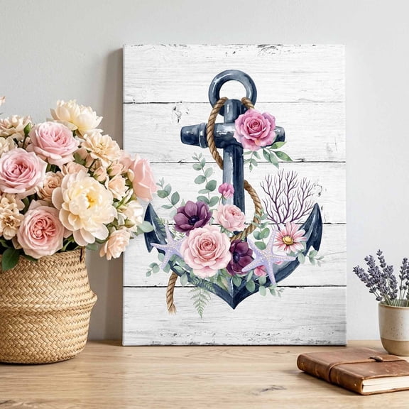 Canvas Wall Art Summer Ocean Anchor Canvas Art Print Nautical Coastal Sea Anchor Red Rose Wood Grain Wall Decor for Living Room Bedroom Artwork Decorations Stretched Framed Ready to Hang 8"x12"