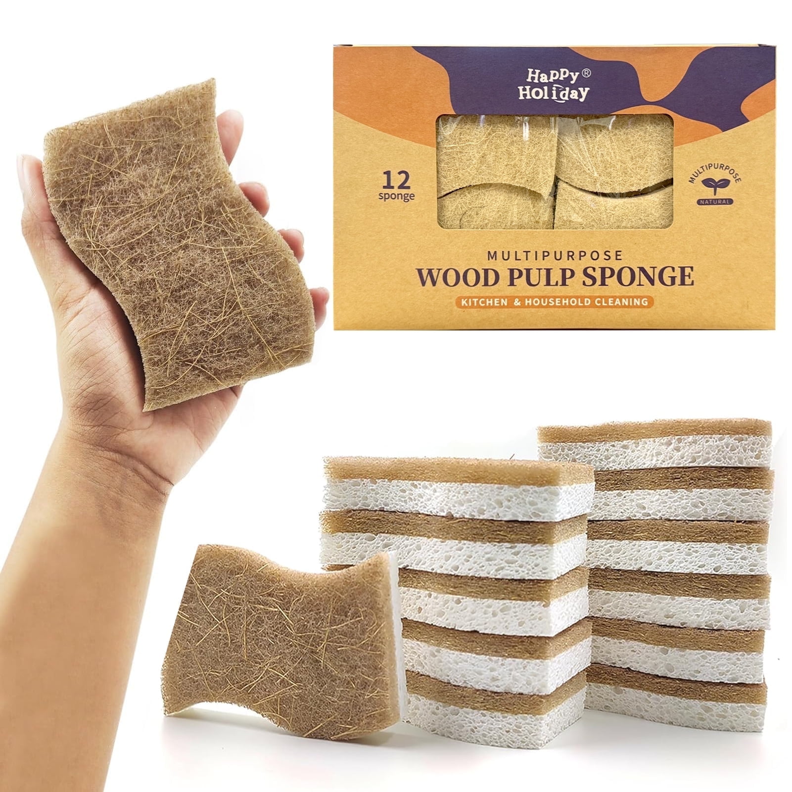 Godance 12 Pack Natural Kitchen Sponge - Biodegradable Compostable Cellulose and Coconut Scrubber Sponge, Eco-Friendly Dish Sponge for Kitchen, Household Cleaning Sponge for Dishes (Brown-White)