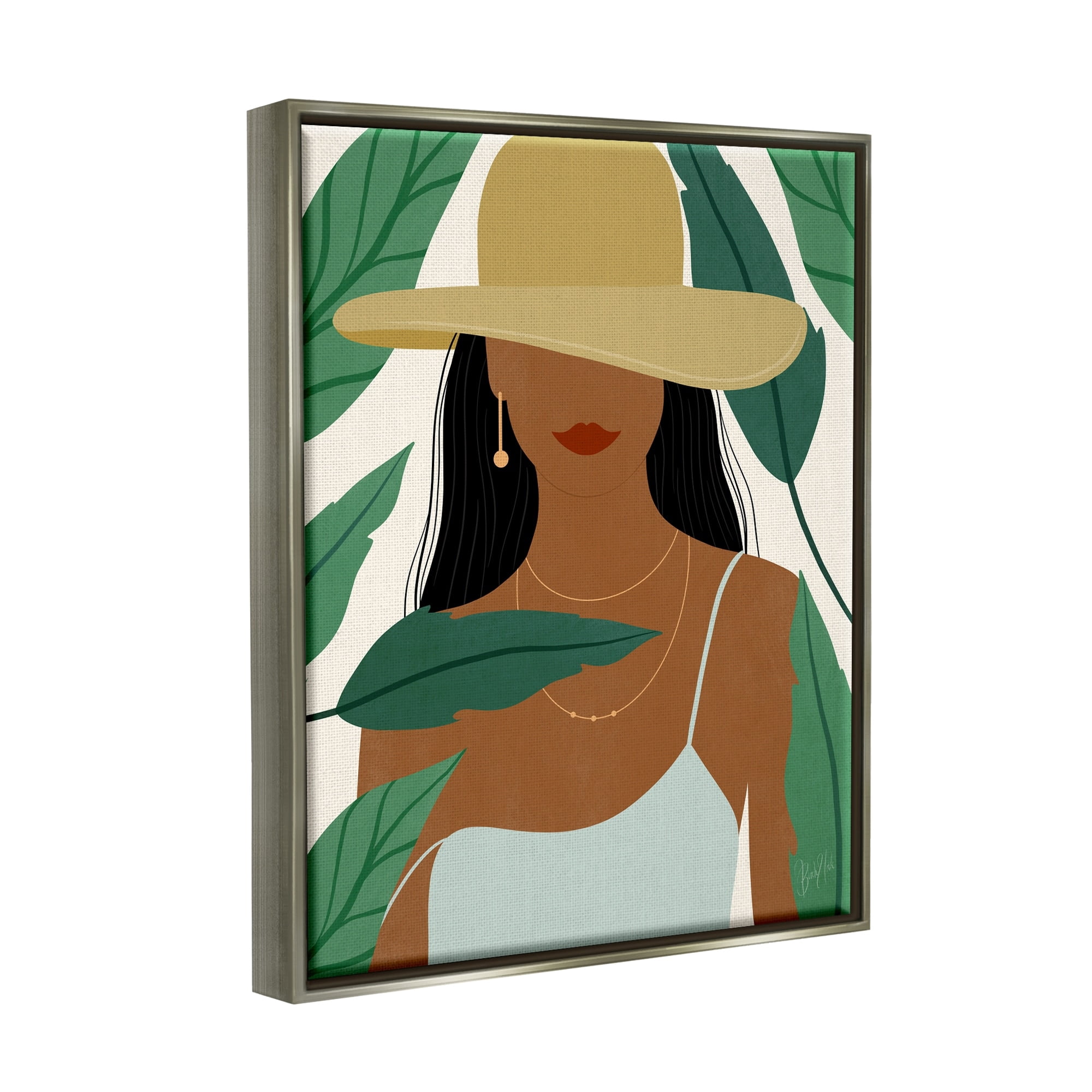 Stupell Industries Smiling Woman Wearing Sun Hat Drifting Leaves Graphic Art Luster Gray Floating Framed Canvas Print Wall Art, Design by Birch&Ink