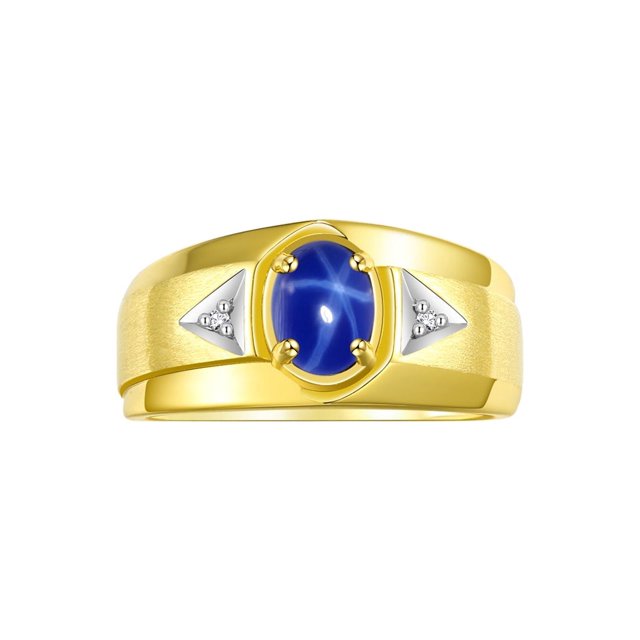 RYLOS Men's Rings Yellow Gold Plated Silver Classic 7X5MM Oval Gemstone & Diamond Ring Blue Star Sapphire Birthstone Rings For Men, Men's Rings, Silver Rings, Size 11