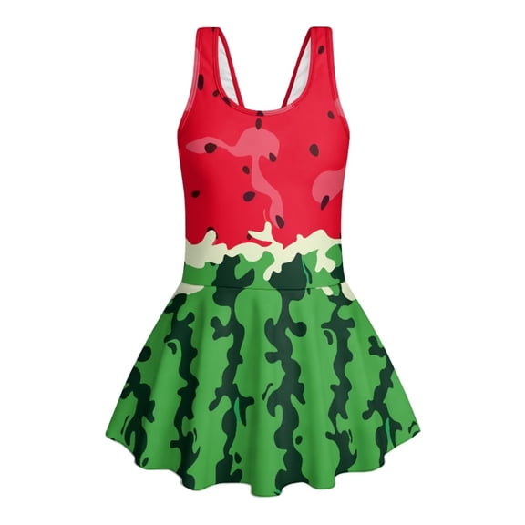 FUIALDOLG Watermelon Print Kids Swimwear Red and Green Girls One Piece Swimsuits Swimdress 3-13 Years Old Kids Sleeveless Quick Drying Bathing Suit for Beach Vacation,Pool Party,3-4Y