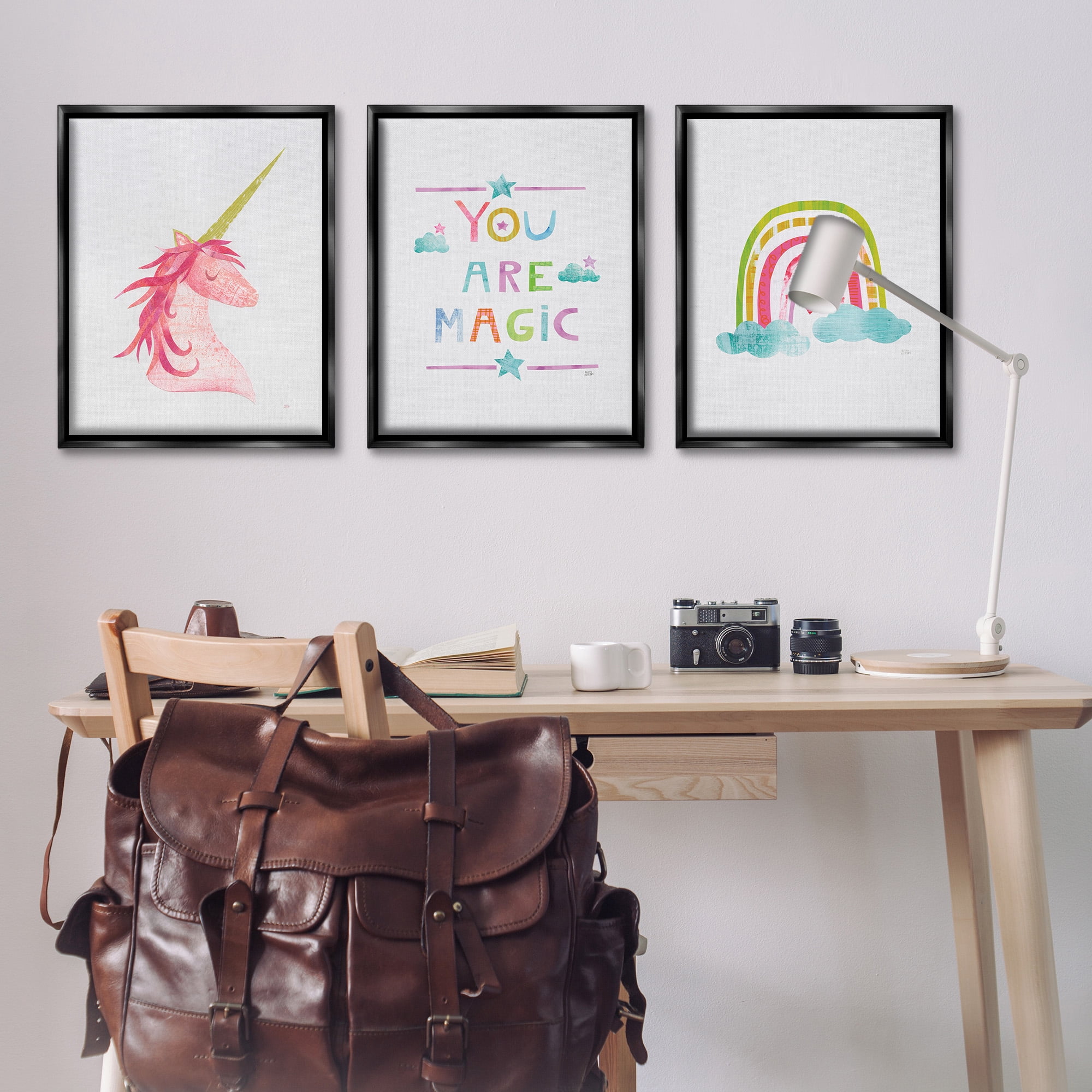 Stupell Industries You Are Magic Rainbow & Unicorn Art for Kids Painting Black Floater Framed Canvas Art Print Wall Art, 25 x 31, Set of 3