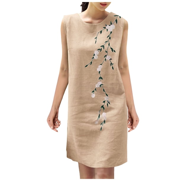 Vestido de Verano para las Mujeres Ventilación de Impresión sin Mangas Vestido de Cuello Redondo, Playa Casual Y Ropa de Vacaciones