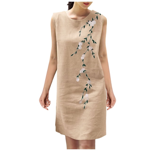Vestido de Verano para las Mujeres Ventilación de Impresión sin Mangas Vestido de Cuello Redondo, Playa Casual Y Ropa de Vacaciones