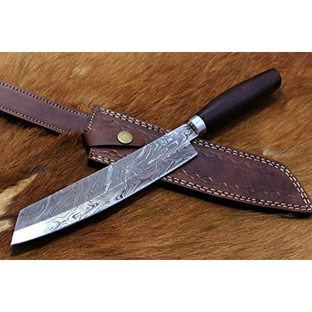 13 inches long hand forged Damascus steel kitchen knife with walnut wood round scale, 6.5 inches cutting edge steak knife with Leather (Best Knife For Cutting Leather)