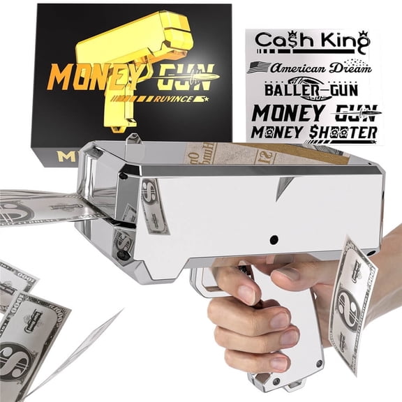 Money Guns Shooter 18K Silver Plating with 100 Pcs Fake Money  Make It Rain Dollar Bills Cash Cannon for Party Nightclub Birthday Christmas Wedding Movie Playing Toy Guns