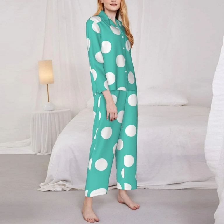 Adobk Teal Turquoise And White Polka Dot Print Pajamas Set Long