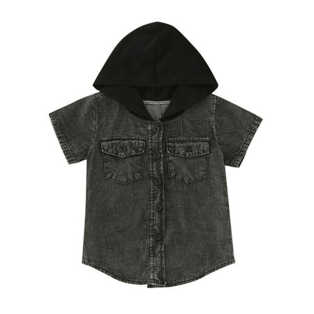 

Toddler Boys Girls Short Sleeve Denim Hooded Coat Kids Tops T Shirt With Pocket Streetwear Coats For 6-12 Months