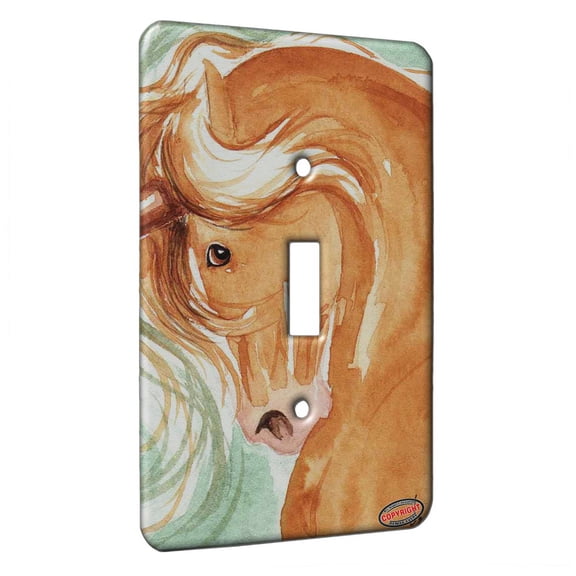 KuzmarK™ Single Gang Toggle Switch Wall Plate - Golden Palomino Unicorn on Green Fantasy Horse Art by Denise Every