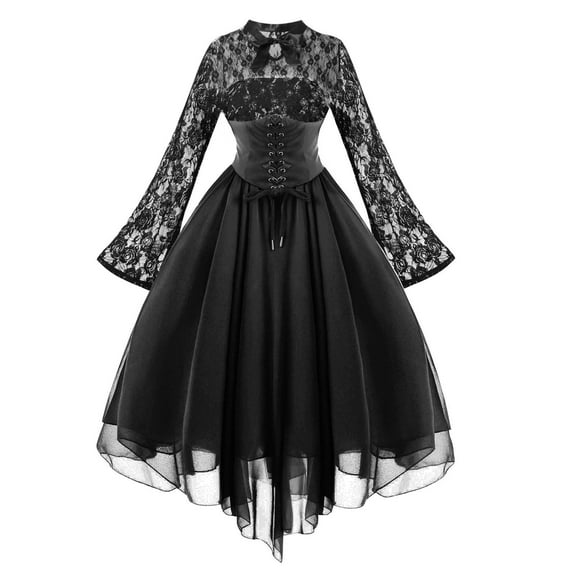 Viikei Womens Fall Fashion 2025 Women Fashion Gothic Style Sexy Round Neck Banquet Festival Off Shoulder Half Sleeve Dress Lace Chiffon Dress