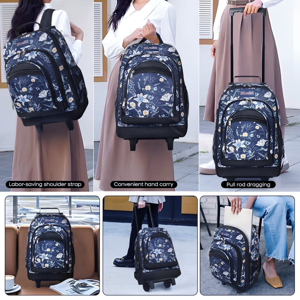 20" Rolling Backpack for Women Men, 2 in 1 Carry-on Travel Backpack with Wheels & Handle for Work, Weekend, School, Short Trips, Blue Lilies - JH2561