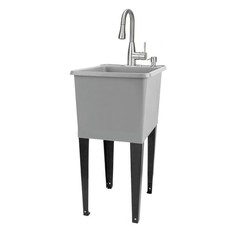 TEHILA Space Saver 16 Gallon Grey Utility Sink with Stainless Finish Pull-Down Faucet with Pause Mode