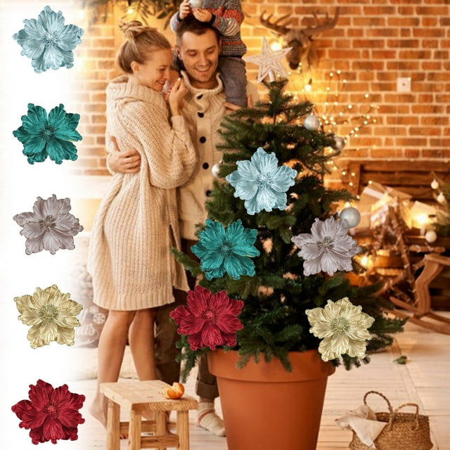 Vaidha Christmas Glitter Artificial Flowers Handmading Three Dimensional Magnolia With Glitter Lock Edges Christmas Tree Christmas Wreath Window Fireplace Ornaments