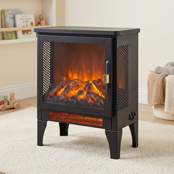 17" Freestanding Electric Fireplace Stove Heater with 3D Flame Effect, Black
