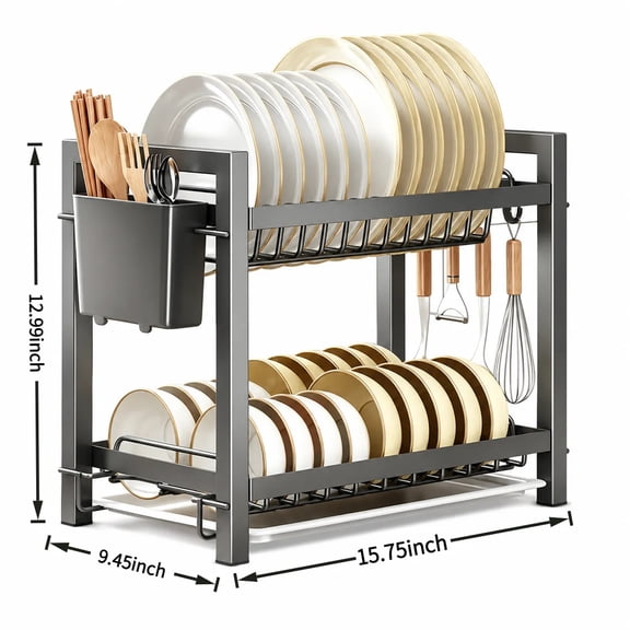 2‑Tier Kitchen Dish Rack, Countertop Dish Drainer with Removable Water Tray, Rust‑Resistant Carbon Steel Tableware Storage Organizer