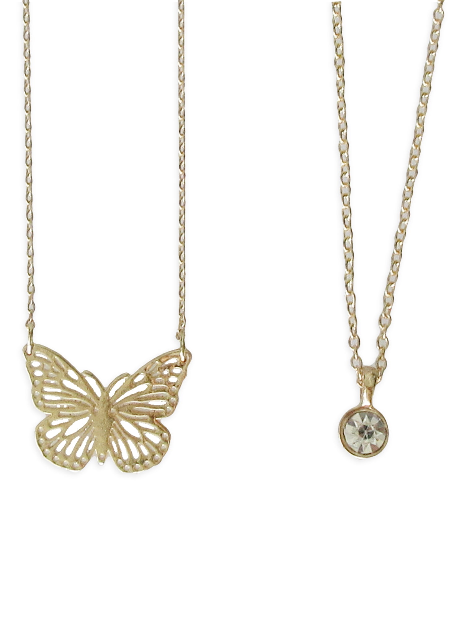 Time and Tru Women's Gold Tone Butterfly and Pendant Necklace Set, 2 Pieces