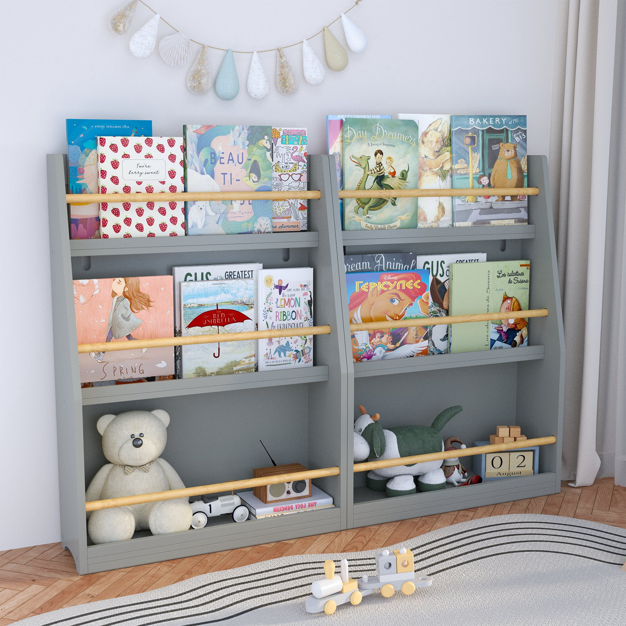 Yoneston Kids 3-Tier Bookcase with Wood Rails, Children's Standing Display Bookshelf for Playroom, Bedroom, Nursery, Gray