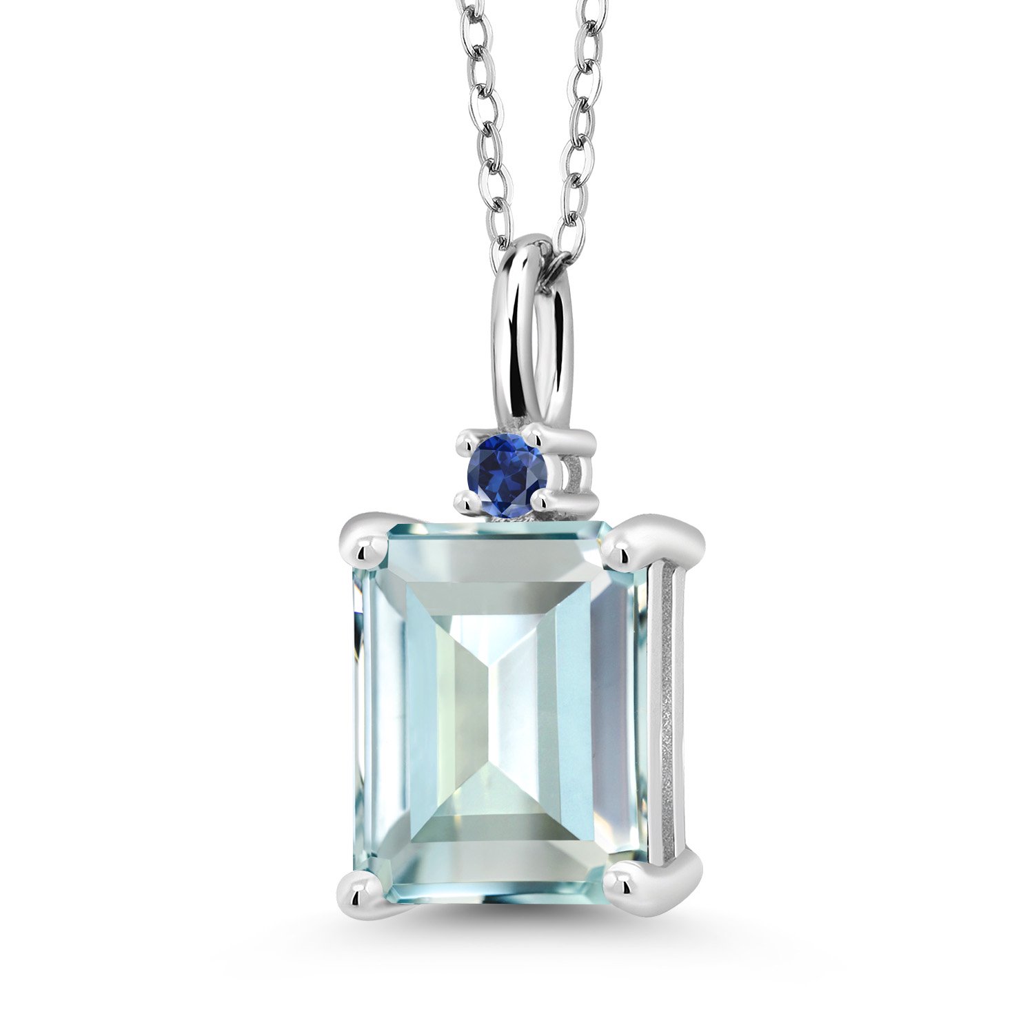 Gem Stone King 925 Silver Sky Blue Simulated Aquamarine and Blue Created Sapphire Pendant Necklace for Women (4.28 Cttw, Gemstone Birthstone, Emerald Cut 10X8MM with 18 inch Silver Chain)
