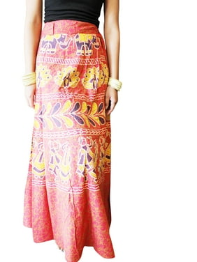 Mogul Women Wrap Skirt, Red Yellow Elephants Bohemian Wrap Skirt, Tribal Printed Cotton Beach Summer Skirts Onesize