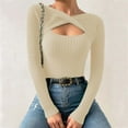 thumbnail image 2 of UYISJ Sweaters for Women 2024 Knit Trendy Long Sleeve Lightweight Slim Fit Pullover Blouse Cutout Front Top Spring Fall Beige L, 2 of 6