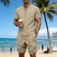 thumbnail image 6 of Men's 2 Pieces Linen Set Lace up Henley Shirt Short Sleeve and Medieval Viking Pirate Shorts Summer Beach Yoga Matching Outfits Big and Tall Size S-3XL Khaki, 6 of 9